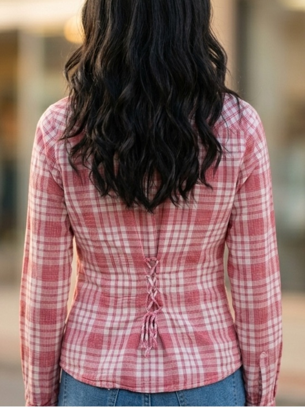 Aeropostale Red Plaid Button-Down Shirt w/ Lace up Corset back